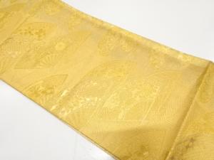 扇に荒波・草花模様織り出し　袋帯